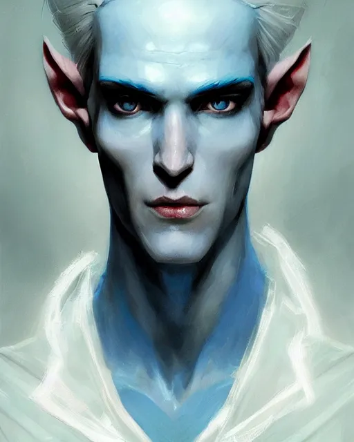 Prompt: character portrait of a slender young half elven man with white hair, piercing cyan blue eyes, and pale blue skin, by greg rutkowski, mark brookes, jim burns, tom bagshaw, trending on artstation