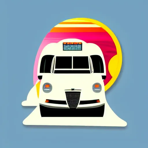 Prompt: vector art of a white and black cute thor chateau! motorhome camper!!, highway, mountains and colorful sunset!!, very very happy, warm, minimal vector art sticker!! by tom whalen, sanja stikovic