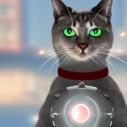 Prompt: Still of a mechanical chrome metallic cat with glowing red eyes staring at the camera, red lens flare