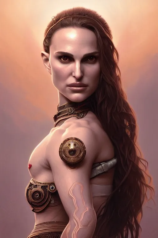 Image similar to symmetry!! portrait of natalie portman in the style of god of war, machine parts embedded into face, intricate, elegant, highly detailed, digital painting, artstation, concept art, smooth, sharp focus, illustration, art by artgerm and greg rutkowski and alphonse mucha, 8 k