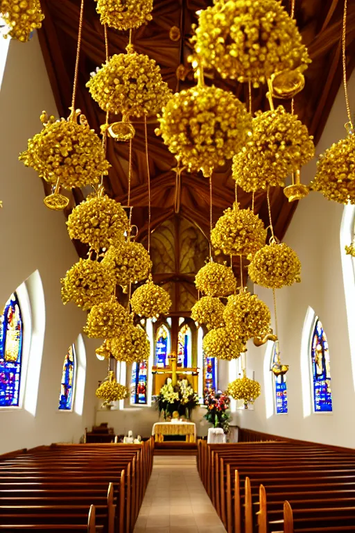 Image similar to photo inside a church full of flowers, golden ornaments highly detailed