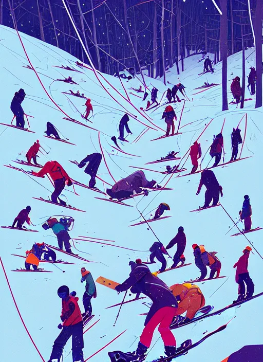 Image similar to by moebius and atey ghailan | the bottom of a ski slope with a huge pile of tangled up skiers |