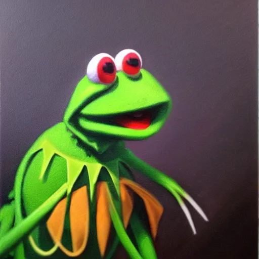 Image similar to kermit the frog, vampire hunter. high key lighting. oil painting. realistic