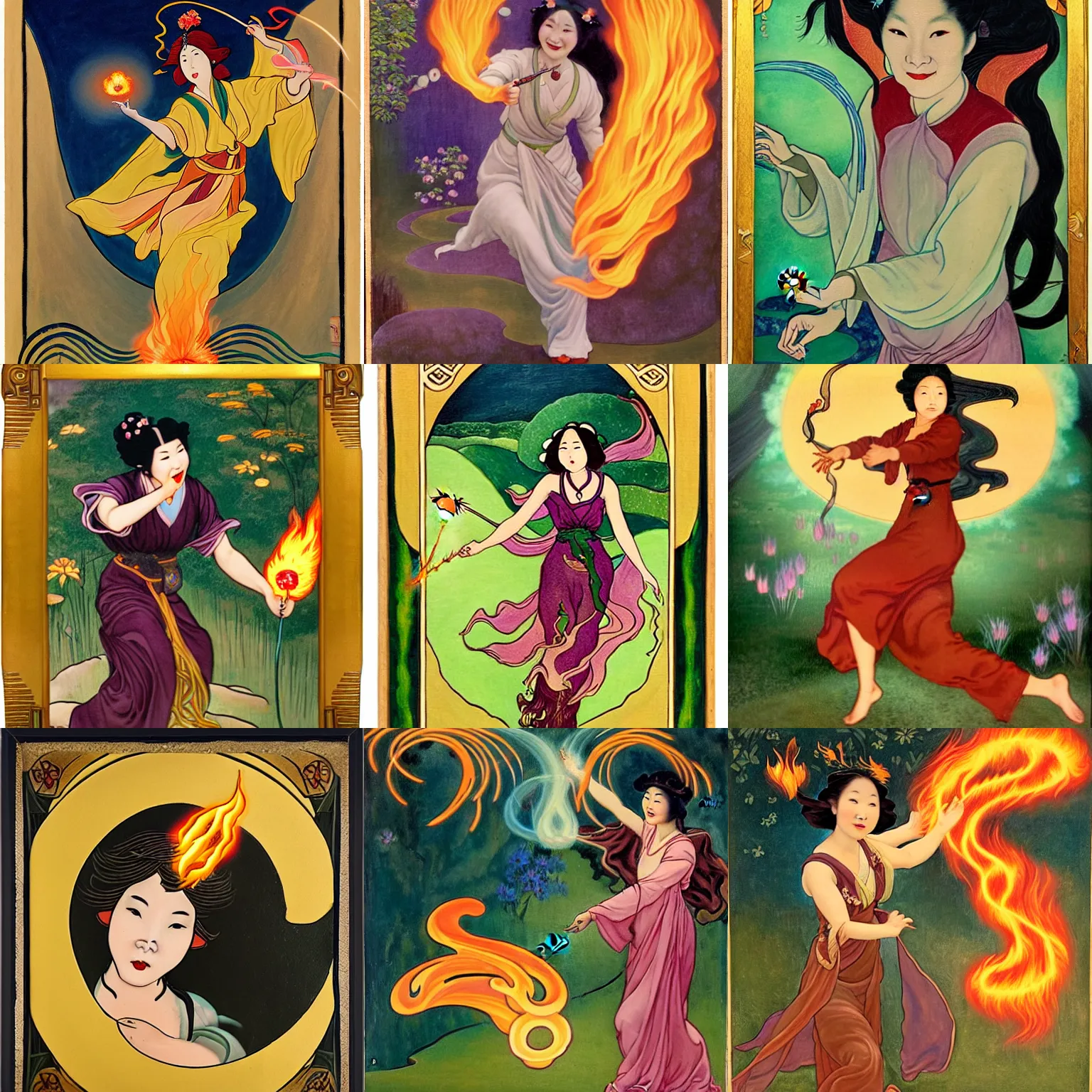 Prompt: female portrait, smiling hapa sorceress chasing will-o-wisps casting a fireball in a garden, art nouveau painting