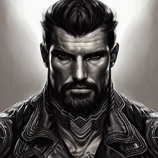 Image similar to Portrait of rugged scarred muscular man with stubble beard wearing a black leather jacket, waist high, intricate, wild, highly detailed, digital painting, artstation, concept art, smooth, sharp focus, illustration, art by artgerm and greg rutkowski and alphonse mucha