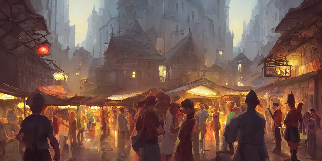 Image similar to a busy fantasy street night market from within a fascinating old city, by Sylvain Sarrailh, by Sebastian Luca, by Nicodemus Yang-Mattisson, cinematic, simple but effective composition, clean lines, beautiful digital painting, oil painting, dungeons and dragons, lord of the rings