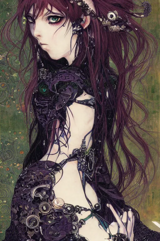 Image similar to portrait of beautiful young gothic anime maiden, cute. Anime, cyberpunk, Warhammer, highly detailed, artstation, illustration, art by Gustav Klimt