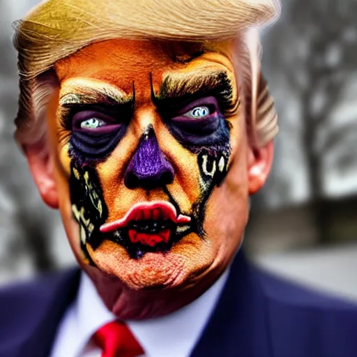 Image similar to donald trump wearing a halloween zombie costume, hyper realistic, wide shot, photography, award winning, 8 k,