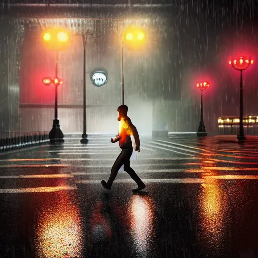 Image similar to dark rainy night, lights, clock chases a guy, running, rain on screen, realistic, cinematic, raytracing, time, intense detail, artstation