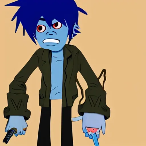 Image similar to 2 d gorillaz, a man with messy blue hair and no eyes, portrait, gorillaz style, jamie hewlett, neutral expression