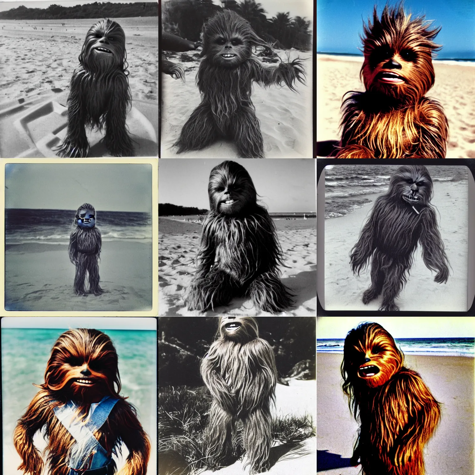 Prompt: polaroid of chewbacca as a kid at the beach, smiling candid photo