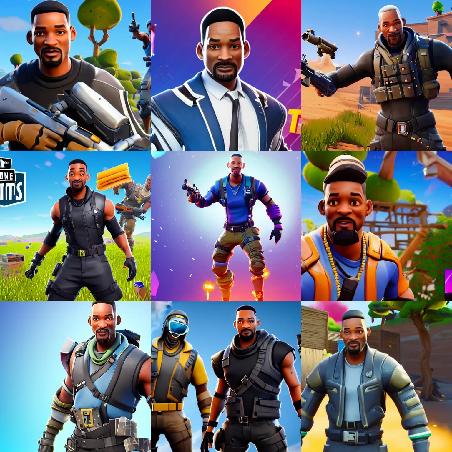 Prompt: gameplay screenshot of will smith as a fortnite skin,