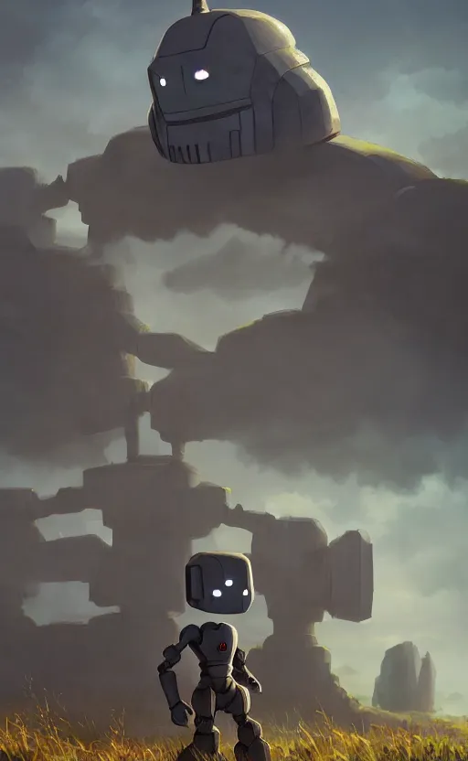 Image similar to iron giant standing near his farm, dynamic lighting, photorealistic fantasy concept art, trending on art station, stunning visuals, creative, cinematic, ultra detailed