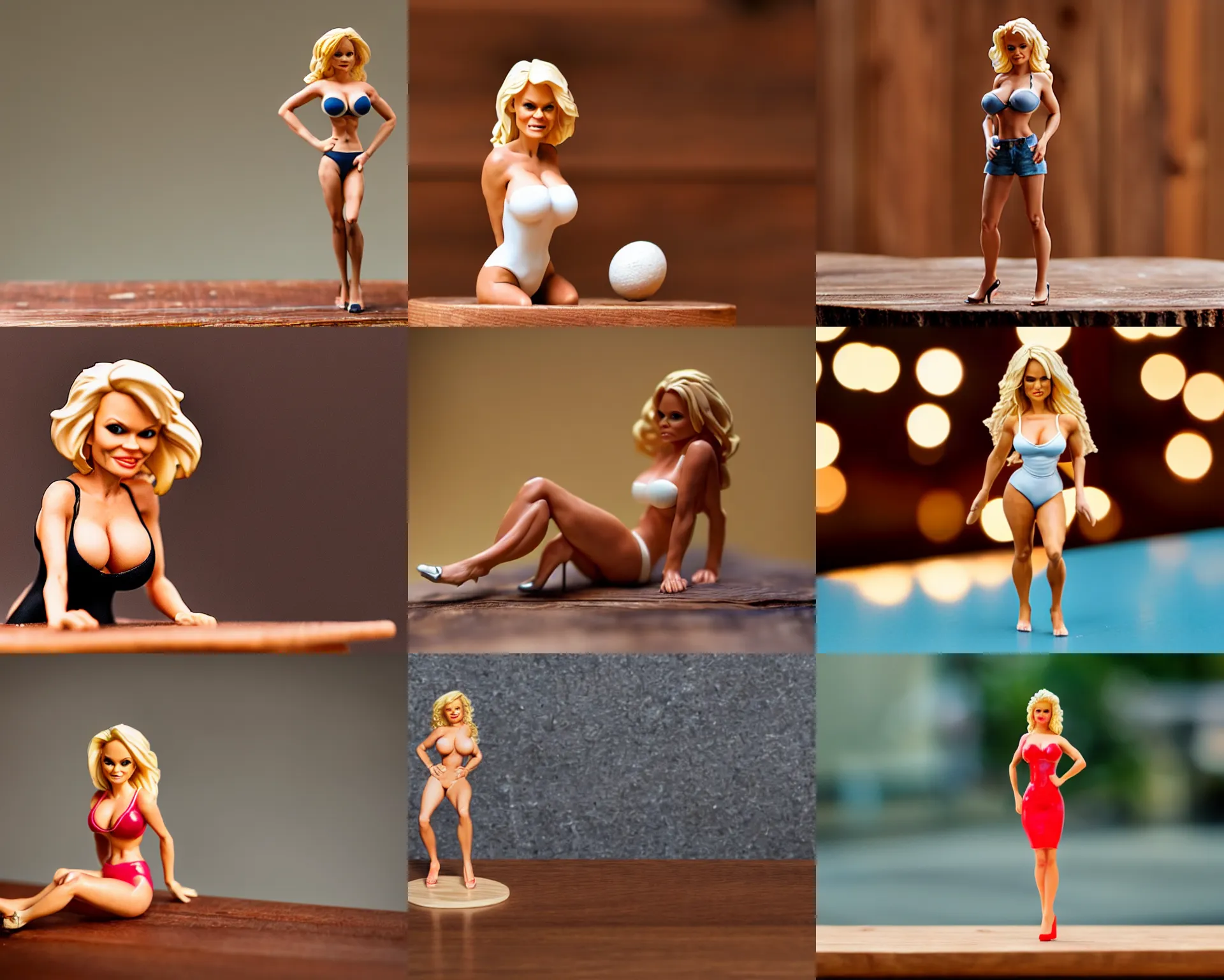 Prompt: Pamela Anderson figurine by Pixar sad bokeh on wooden table.