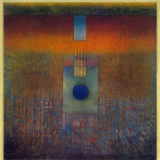 Prompt: Temple of the birds. Mikalojus Ciurlionis. Paul Klee.