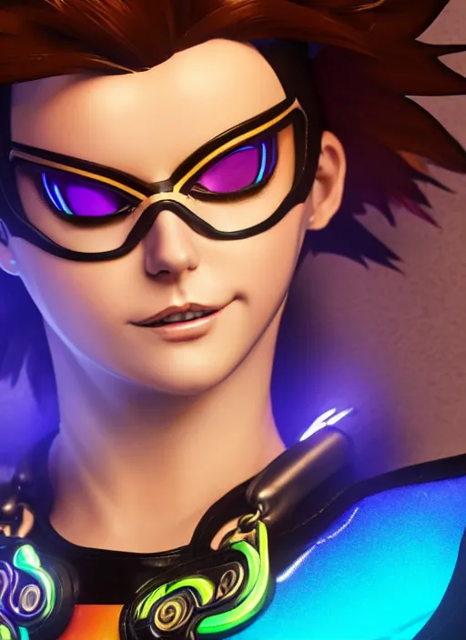 Image similar to portrait bust digital artwork of tracer overwatch, wearing iridescent rainbow latex and leather straps catsuit outfit, 4 k, expressive happy smug expression, makeup, in style of mark arian, angel wings, wearing detailed leather collar, chains, black leather harness, detailed face and eyes,