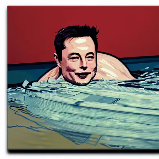 Image similar to painting of Elon Musk swimming in money