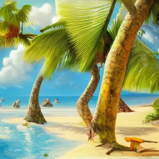 Prompt: tropical dream, oil on canvas, surrealism, highly detailed, masterpiece, award - winning, artstationhd