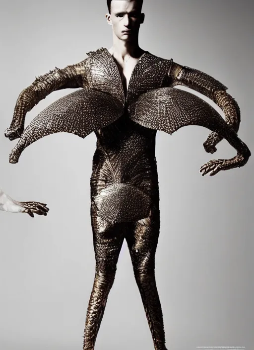 Image similar to a beautiful male dancer wearing iris van herpen couture, photographed by erwin olaf for vogue, symmetrical face