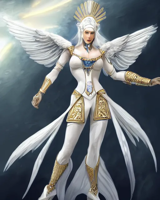 Image similar to perfect white haired egyptian goddess wearing white dove wings, warframe armor, regal, attractive, ornate, sultry, beautiful, charlize theron, half asian, pretty face, blue eyes, illuminated, scifi platform, 4 k, ultra realistic, epic lighting, cinematic, masterpiece, art by akihito tsukushi, voidstar, trending on artstation