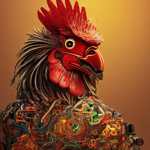 Image similar to a portrait of a intricate robotic rooster wearing a hoodie, artstation, illustration