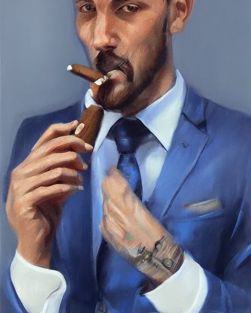 Image similar to Hyper realistic oil portrait of a man in his thirties smoking a cigar, dressed in a blue suit, by Mosh Art, trending on artstation