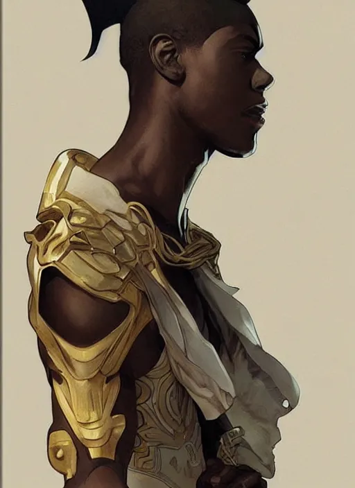 Prompt: young african man. is dressed as a superhero. clean elegant painting, beautiful detailed face. by artgerm and greg rutkowski and alphonse mucha