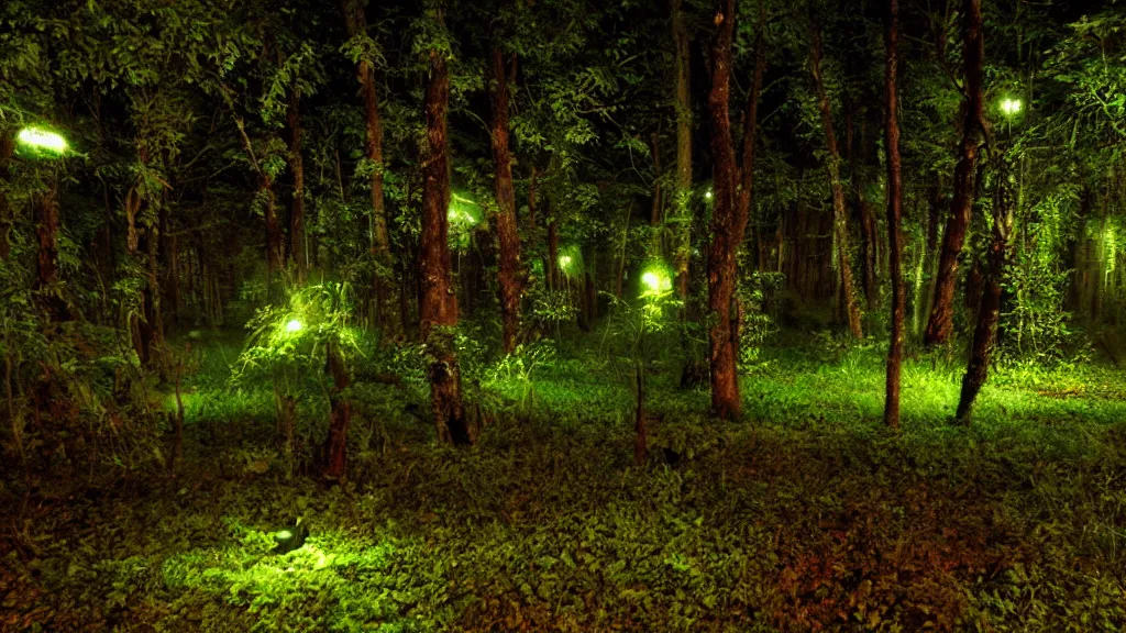 Prompt: lush alien forest at night, glowing flowers, orbs of light spread through the forest