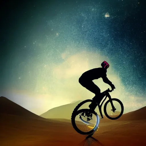 Prompt: surreal, dreamlike image of a person riding a mountain bike througout deep space, view from camera placed on his helmet