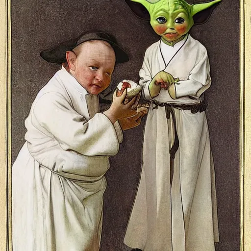 Image similar to baby yoda as a chef wearing a white apron and wearing a white chef's hat, by Jan van Eyck, by alphonse mucha