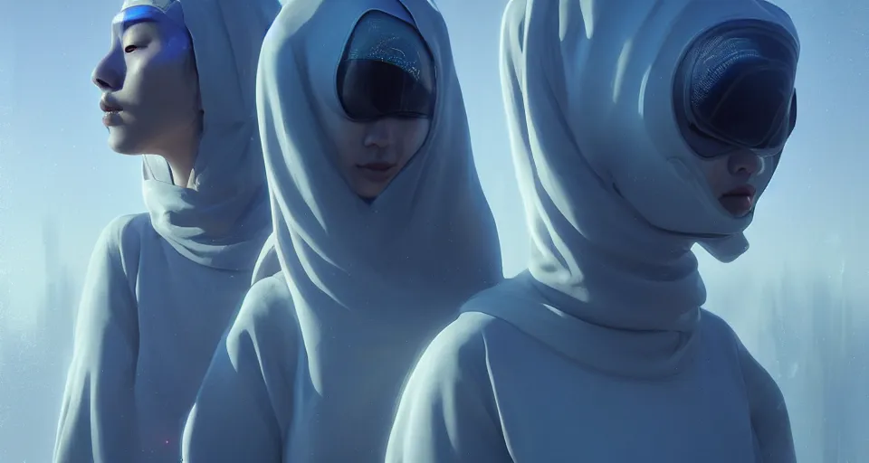 Image similar to portrait of yael shelbia and kang seul - gi, venus squid astronaut, burka, symetrical facial, white hair, intricate design details. cyberpunk, touareg, by ruan jia and beeple. smooth gradients, deep space.