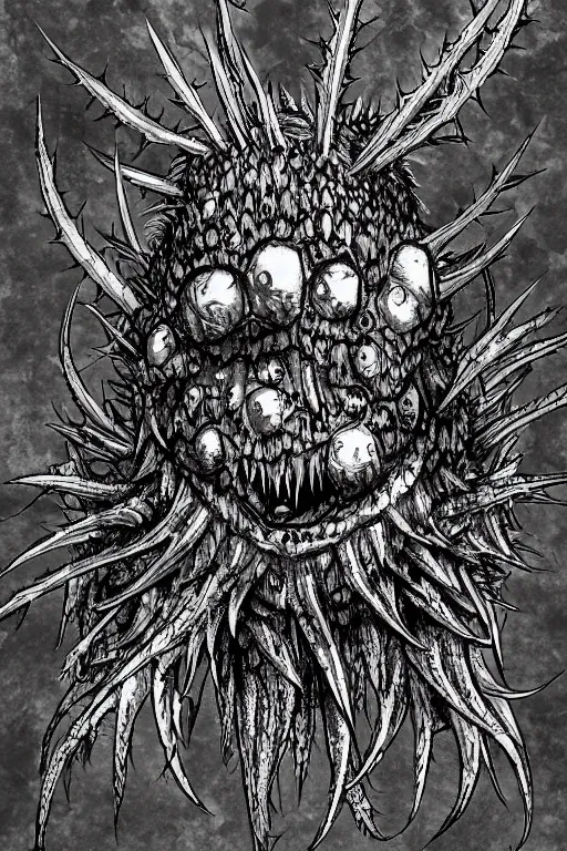 Image similar to thistle monster heavily armoured, symmetrical, highly detailed, digital art, needles, thorns, sharp focus, trending on art station, kentaro miura manga art style