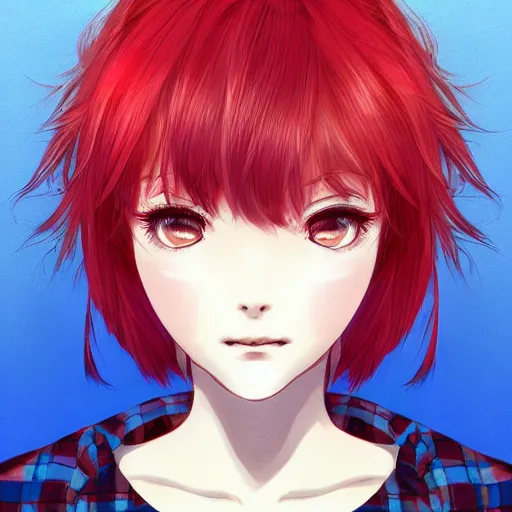 Image similar to full headshot portrait of woman with red hair and blue, digital art, drawn by WLOP, by Avetetsuya Studios, anime manga panel, trending on artstation, wearing a plaid shirt