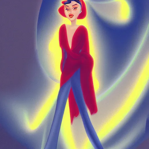 Prompt: a photo of a young woman. moody and melanchonic. disney artstyle. red, yellow
