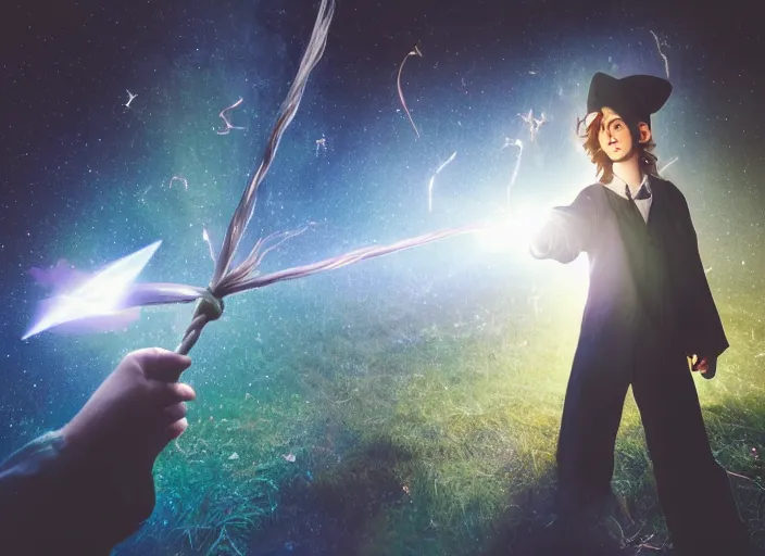 Image similar to a young adult wizard with very detailed face, hair clothes and shoes holds their wand fiercely in their hand from which a blast of bright magic flies from the end of the wand, on an empty moonlit hill, dramatic lighting, lens flare, 3 5 mm full frame professional photography, kodachrome