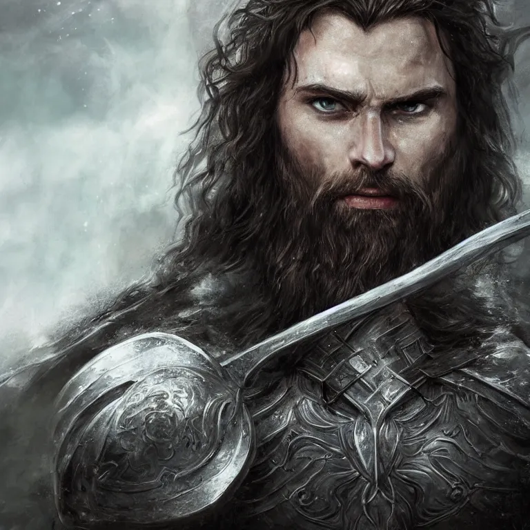 Image similar to fantasy art of a male human warrior, lord of the rings, poster, finely detailed face delicate features, black full beard, full body, realistic, sharp focus, 8 k high definition, insanely detailed, intricate, elegant, character portrait, portrait, close up, concept art