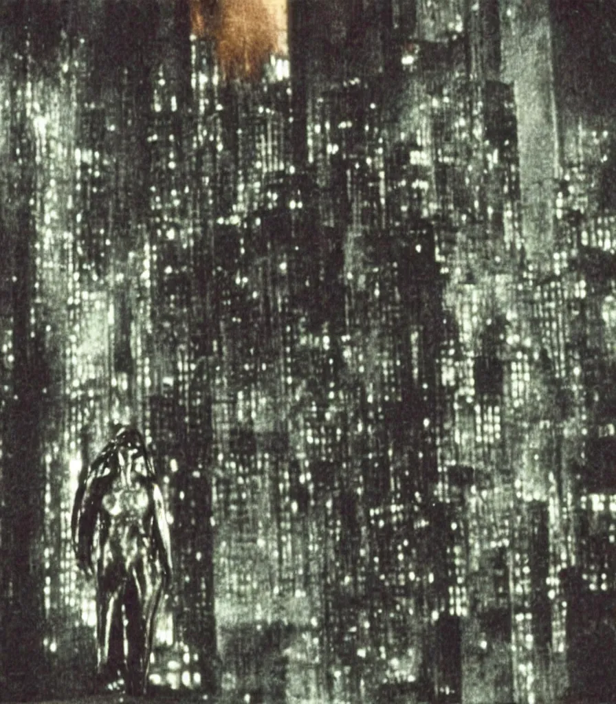 Image similar to high quality high definition colorized movie still from Metropolis: a lonely ghost walking alone at night in the city, high quality silent movie, iridescent color palette