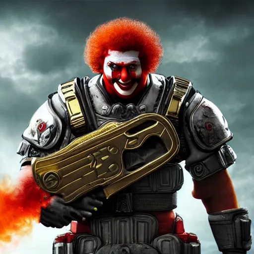 Image similar to ronald mcdonald clown in gears of war, cinematic shot, hyperdetailed