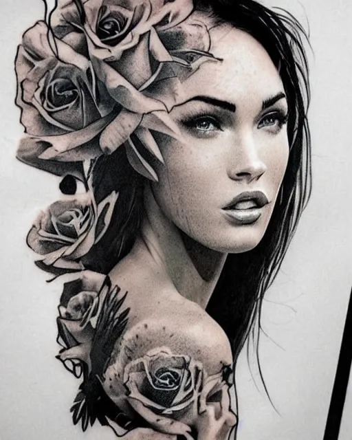 Prompt: double exposure effect tattoo design sketch of megan fox with beautiful mountains, realism tattoo, in the style of andrey lukovnikov, amazing detail, sharp, surrealist