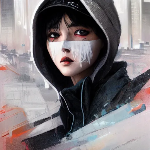 Image similar to very cool girl white hair girl with mask, streetwear, techwear, cyberpunk style outfit, full body, nose piercing, detailed portrait, intricate complexity, by greg rutkowski, cushart krentz, artgerm, ross tran, conrad roset, takato yomamoto, ilya kuvshinov. 4 k, beautiful, cinematic dramatic atmosphere