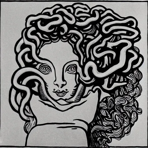 Image similar to Medusa by M.C. Escher, black and white stencil