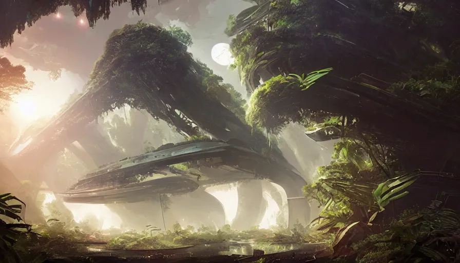 Prompt: a beautiful painting of a crashed battlestar galactica a lush jungle, ray traced lighting by kalin popov and greg rutkowski