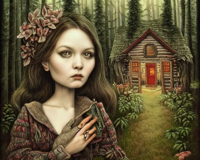 Image similar to intricate detailed portrait of a character in front of a cabin in a dark mysterious forest by mark ryden