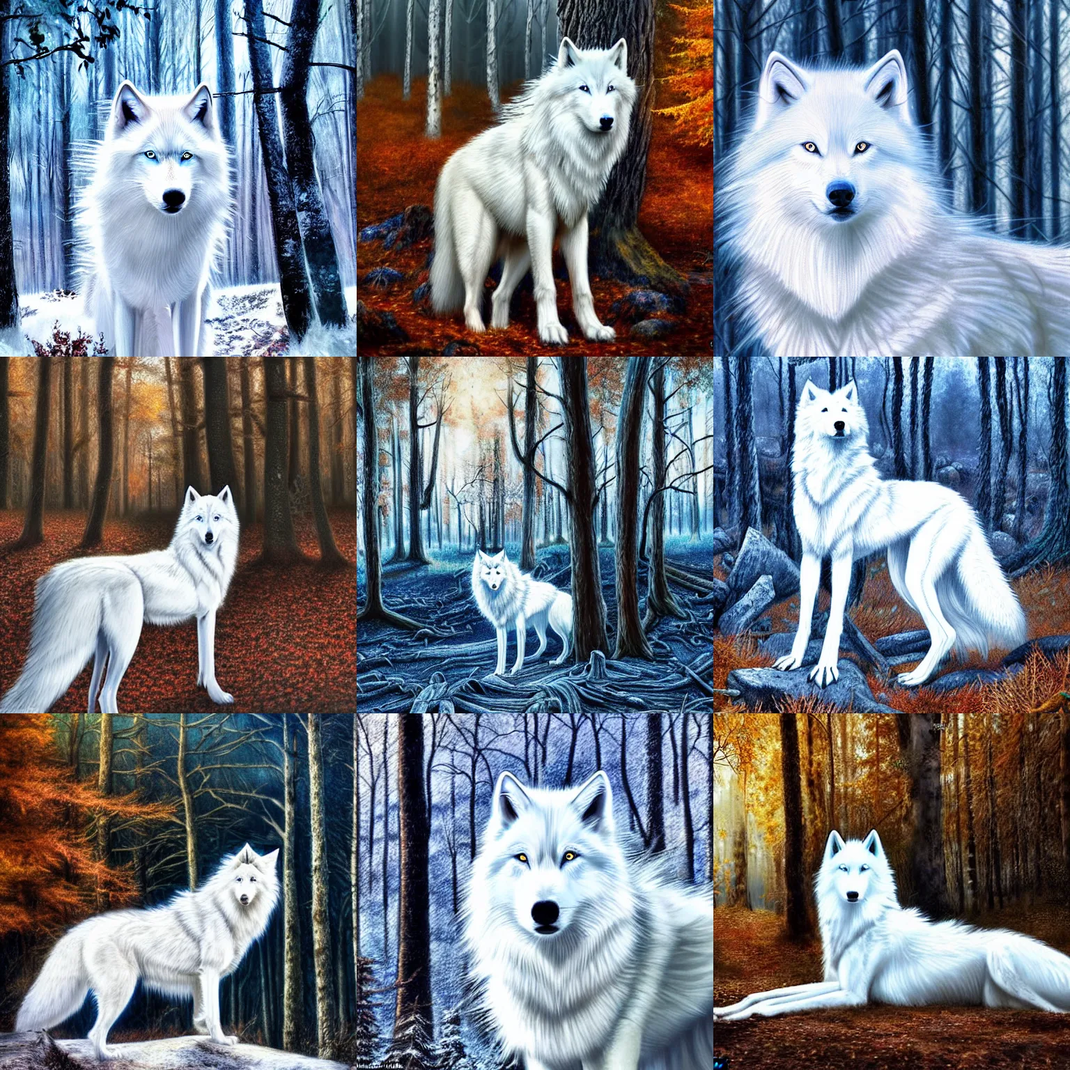 Prompt: a beautiful long - haired white wolf with blue eyes stands in a dormant autumn forest, realism, landscape, hyper detailed