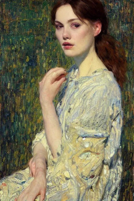 Prompt: Richard Schmid and Jeremy Lipking and Gustav Klimt full length portrait painting of a young beautiful woman