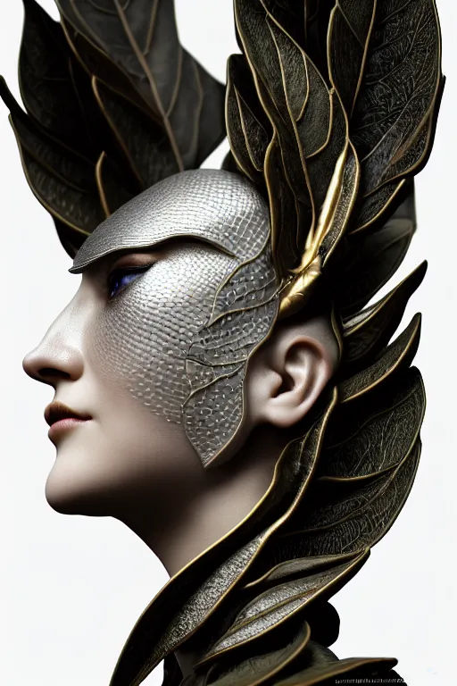 Image similar to close - up profile face, black background, beautiful young porcelain vegetal - dragon - cyborg - female, 1 5 0 mm, beautiful natural soft rim light, silver gold details, magnolia leaves and stems, roots, mandelbot fractal, elegant, hyper real, ultra detailed, white metallic armour, octane render, 1 6 k