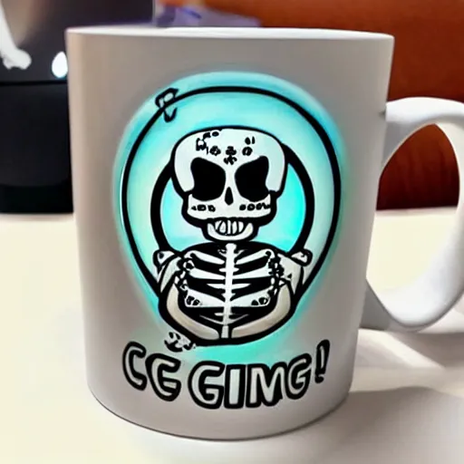 Image similar to a cup with a skeleton saying'gaming '!!! on it,'gaming '!!!