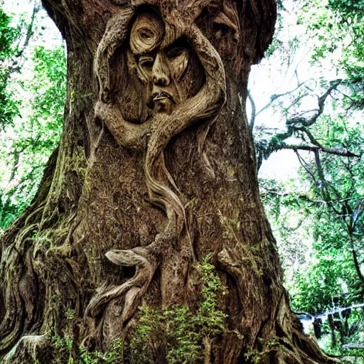 Image similar to an old living tree with a carving of the goddesses fraya, award winning photo, day time photos, 8 k photography.