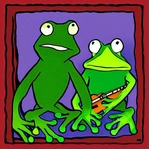 Image similar to frog and toad play metallica songs by arnold lobel