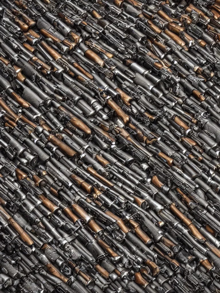 Image similar to wall made of firearms rifles shotguns revolvers and bullets, ultrarealistic, intricate details, 4k, concept art, digital painting